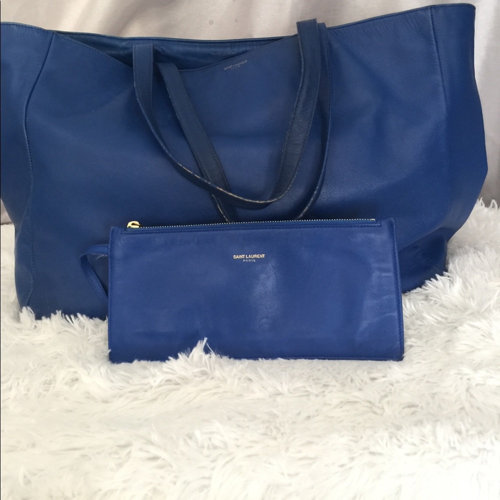 Yves Saint Laurent Paris blue leather tote Bag Italy detachable pouch Rare